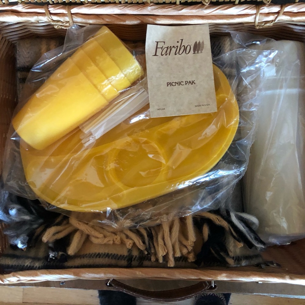 Fairbo NWT wicker basket picnic pak set includes blanket, Aladdin ,4 settings